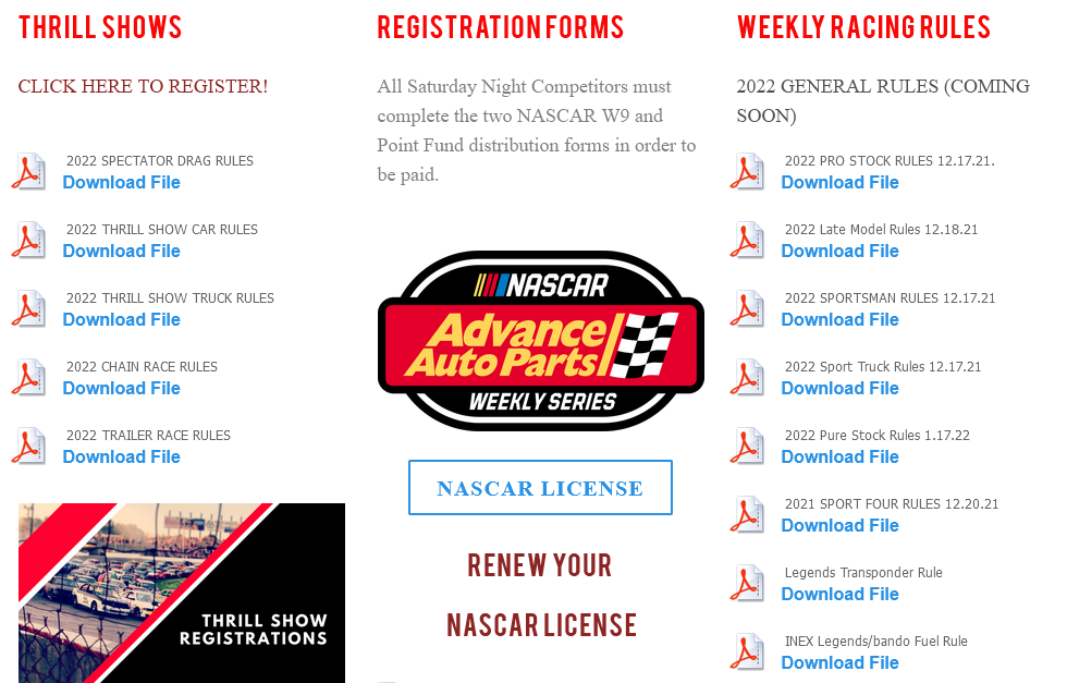 Screenshot of Seekonk Speedway's Rules Page